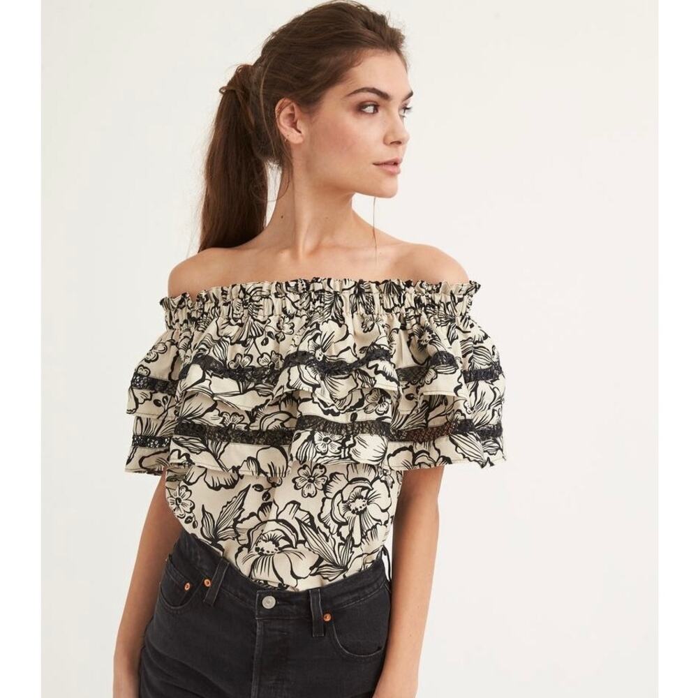 Mi Golondrina Mexico Rosa Floral Off Shoulder Ruffle Lace Floral Blouse Medium